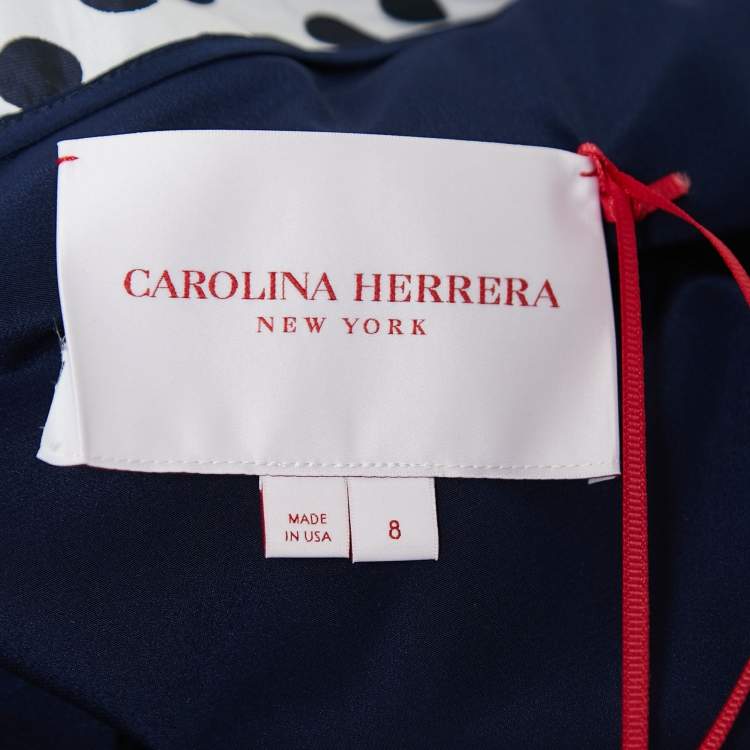Pre Owned Carolina Herrera Navy Blue/Grey Polka Dot Taffeta One Shoulder Cascade Midi Dress M