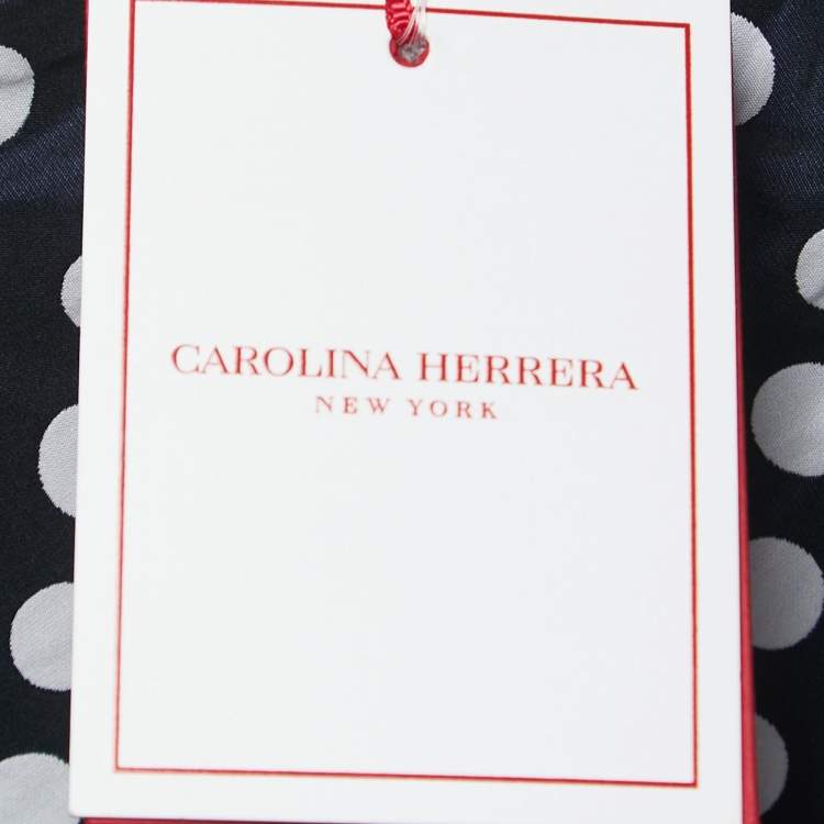 Pre Owned Carolina Herrera Navy Blue/Grey Polka Dot Taffeta One Shoulder Cascade Midi Dress M