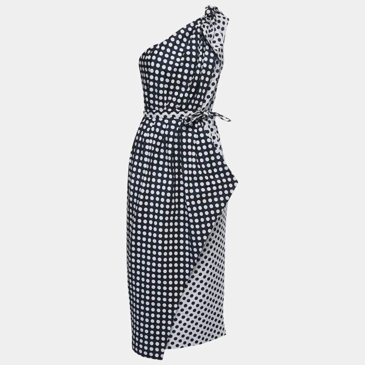 Pre Owned Carolina Herrera Navy Blue/Grey Polka Dot Taffeta One Shoulder Cascade Midi Dress M