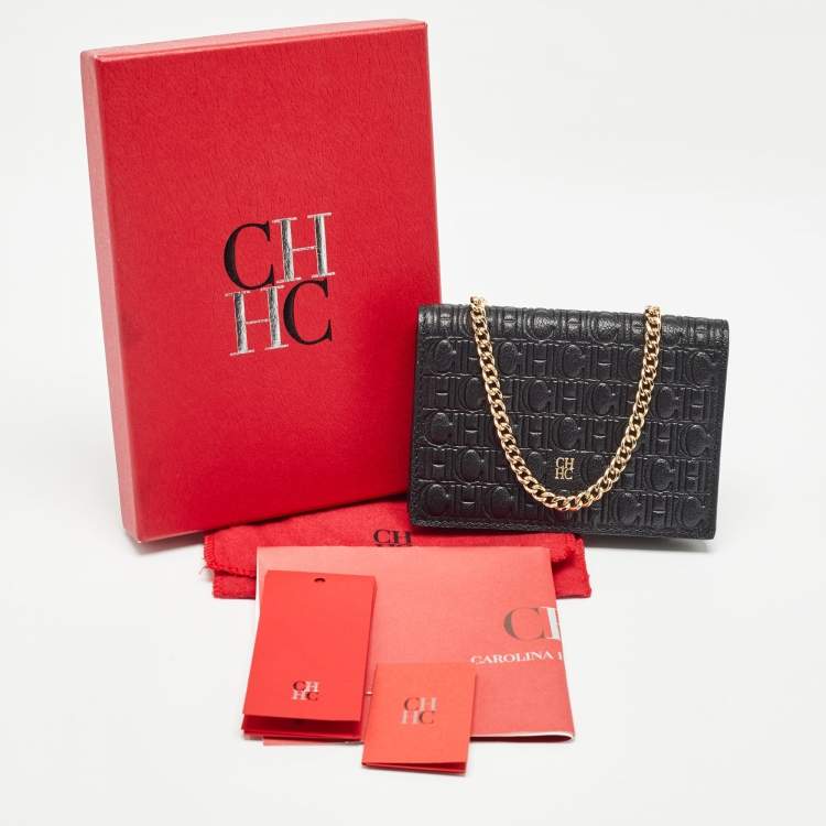 Pre Owned Carolina Herrera Monogram Embossed Leather Chain Card Case 