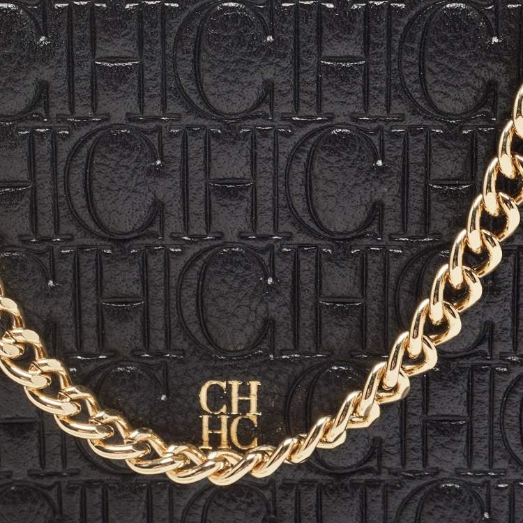 Pre Owned Carolina Herrera Monogram Embossed Leather Chain Card Case 