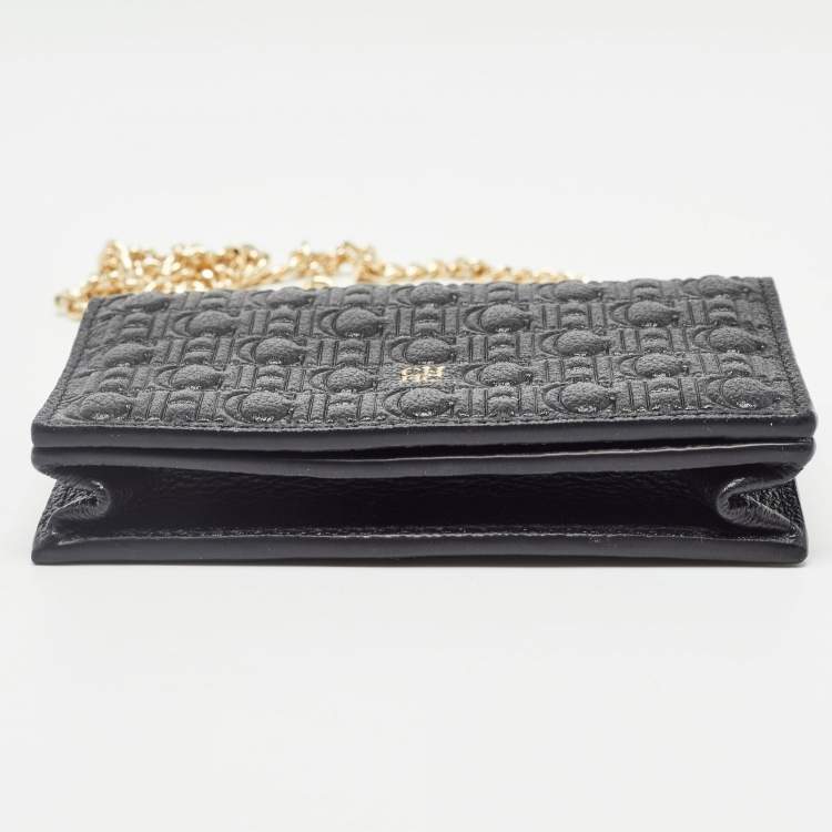 Pre Owned Carolina Herrera Monogram Embossed Leather Chain Card Case 