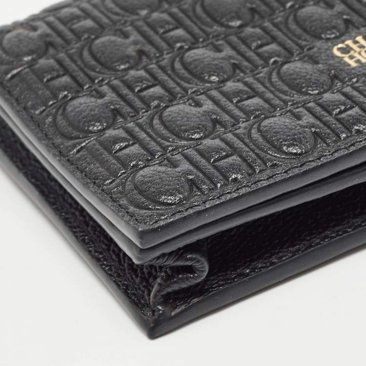 Pre Owned Carolina Herrera Monogram Embossed Leather Chain Card Case 