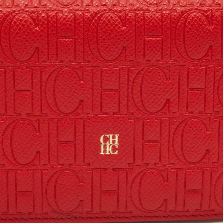 Pre Owned Carolina Herrera Red Monogram Embossed Leather Bifold Long Wallet