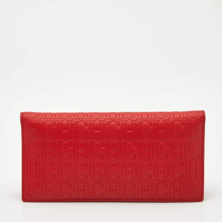 Pre Owned Carolina Herrera Red Monogram Embossed Leather Bifold Long Wallet