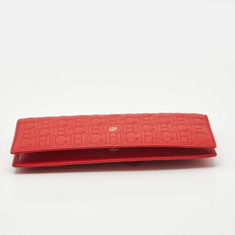 Pre Owned Carolina Herrera Red Monogram Embossed Leather Bifold Long Wallet