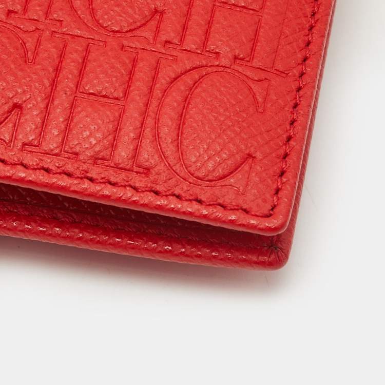 Pre Owned Carolina Herrera Red Monogram Embossed Leather Bifold Long Wallet