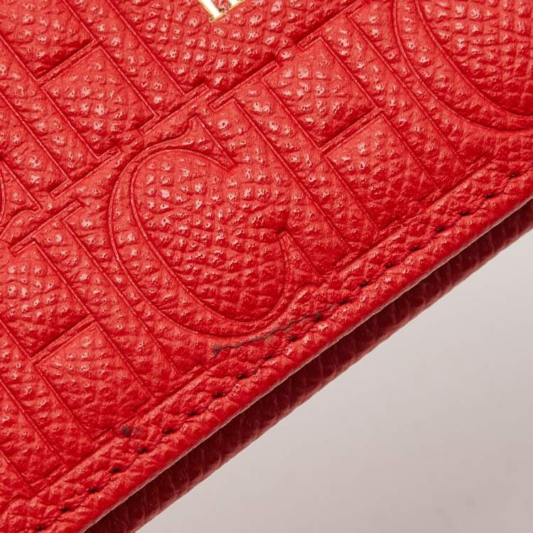 Pre Owned Carolina Herrera Red Monogram Embossed Leather Bifold Long Wallet