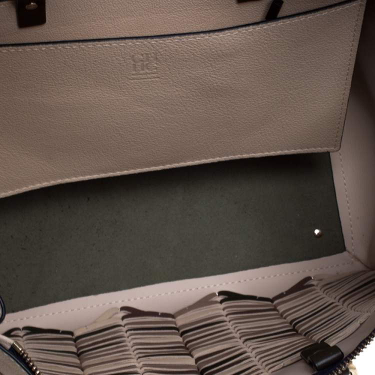 Pre Owned Carolina Herrera Beige/Green Wave Detailed Leather Vendome Tote