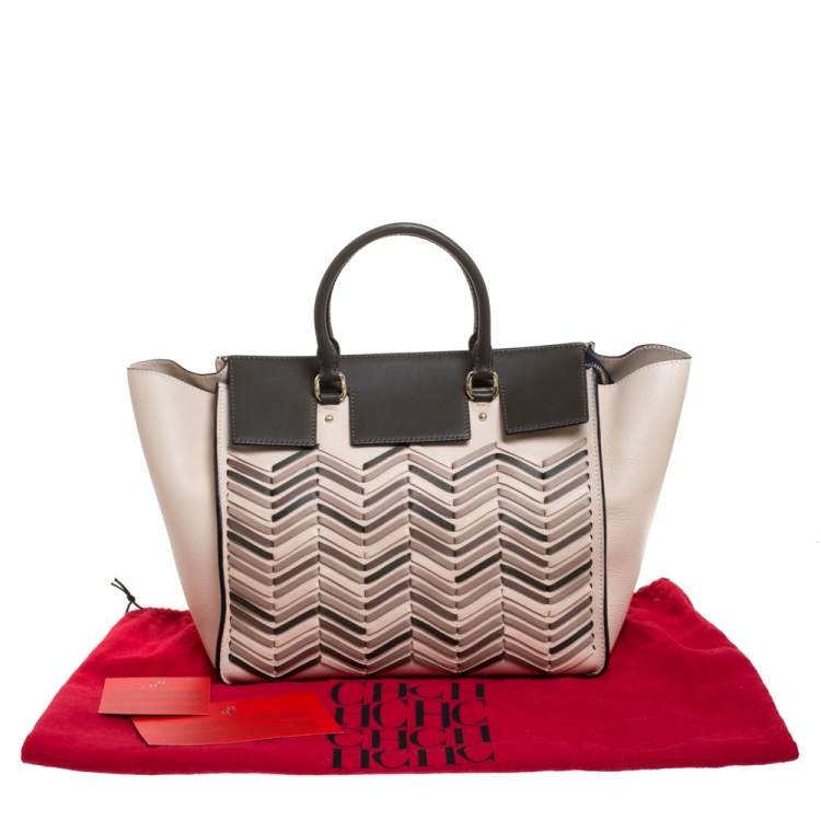 Pre Owned Carolina Herrera Beige/Green Wave Detailed Leather Vendome Tote