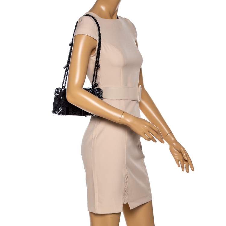 Pre Owned Carolina Herrera Black Tweed CH Flap Shoulder Bag