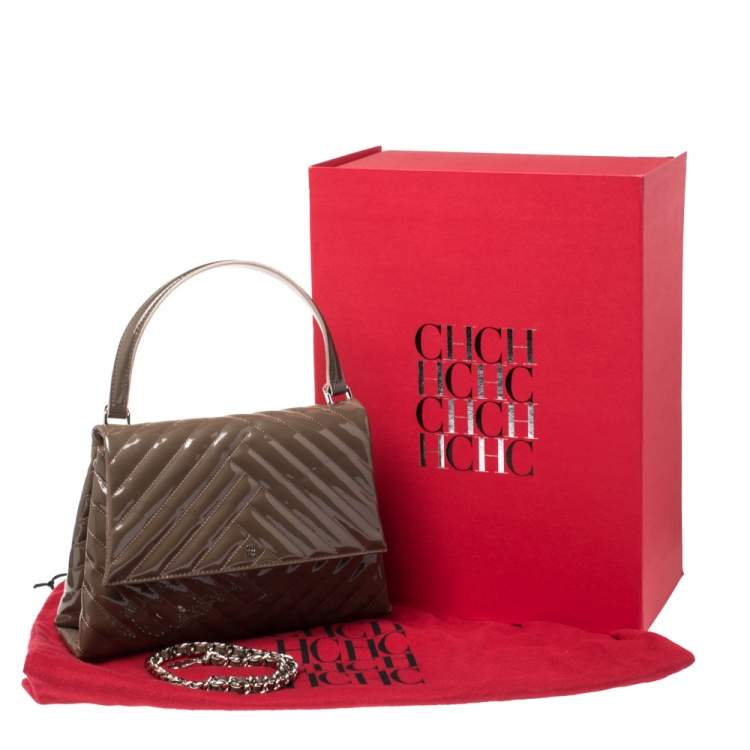 Pre Owned Carolina Herrera Dark Beige Quilted Chevron Patent Leather Flap Top Handle Bag