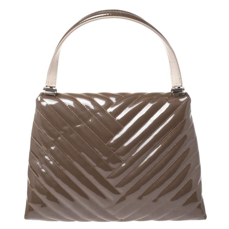 Pre Owned Carolina Herrera Dark Beige Quilted Chevron Patent Leather Flap Top Handle Bag
