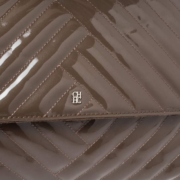 Pre Owned Carolina Herrera Dark Beige Quilted Chevron Patent Leather Flap Top Handle Bag