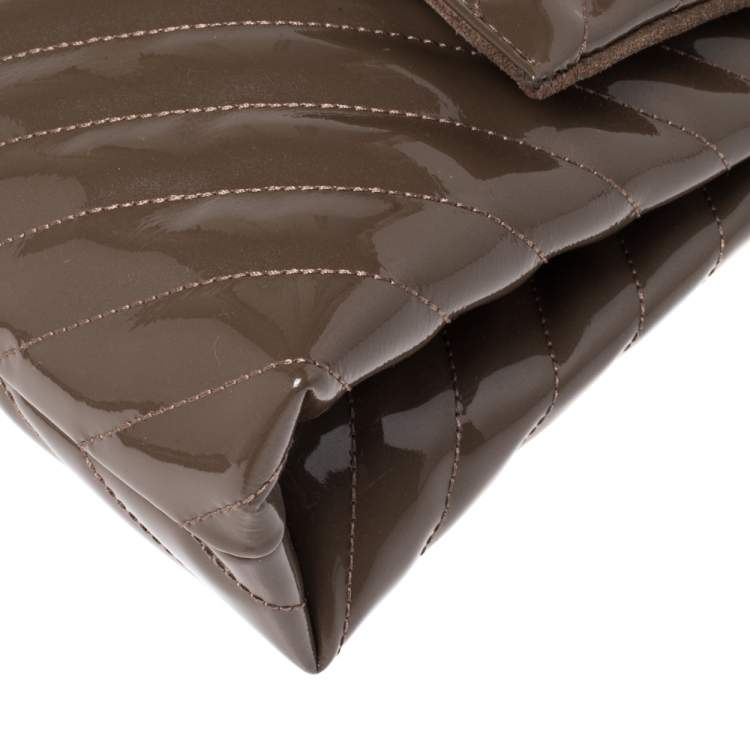 Pre Owned Carolina Herrera Dark Beige Quilted Chevron Patent Leather Flap Top Handle Bag
