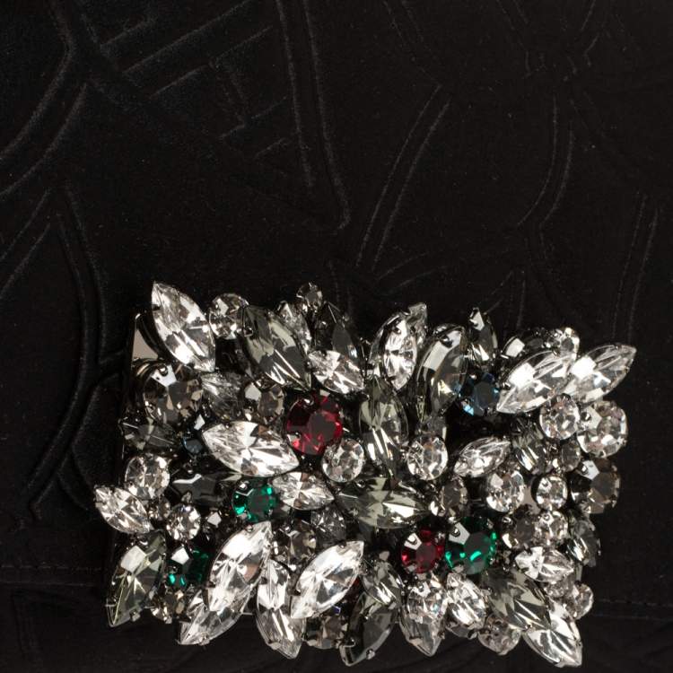 Pre Owned Carolina Herrera Black Satin Crystal Embellished Clutch