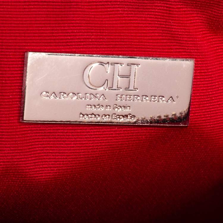 Pre Owned Carolina Herrera Ivory/Brown Monogram Canvas and Leather Zip Pouch 