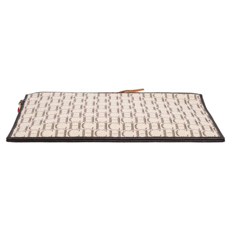 Pre Owned Carolina Herrera Ivory/Brown Monogram Canvas and Leather Zip Pouch 