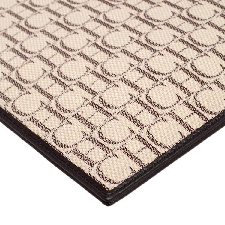 Pre Owned Carolina Herrera Ivory/Brown Monogram Canvas and Leather Zip Pouch 