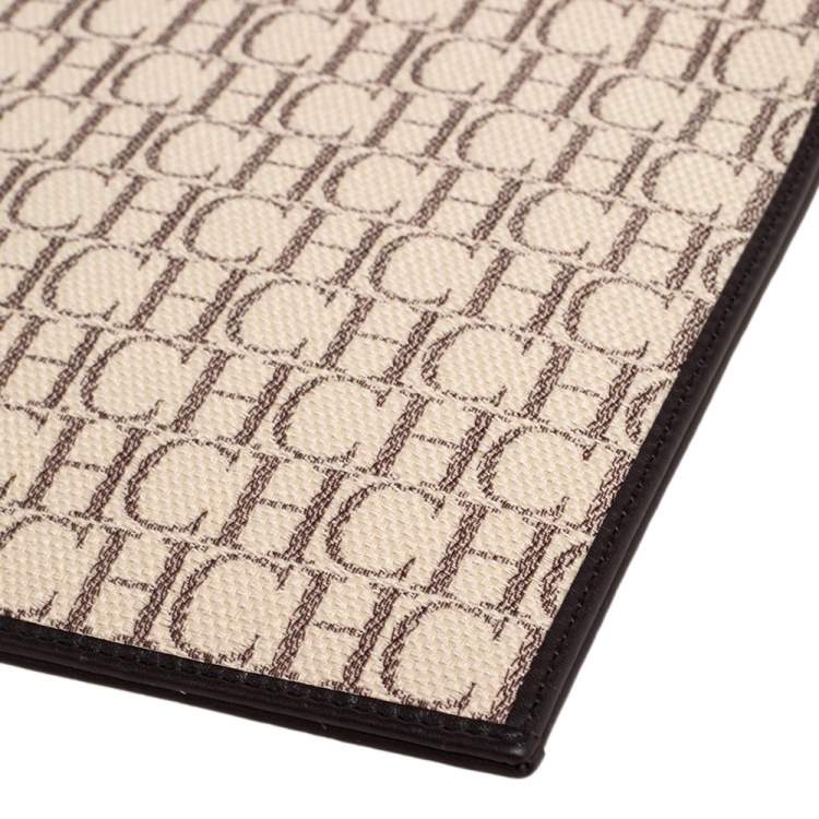 Pre Owned Carolina Herrera Ivory/Brown Monogram Canvas and Leather Zip Pouch 