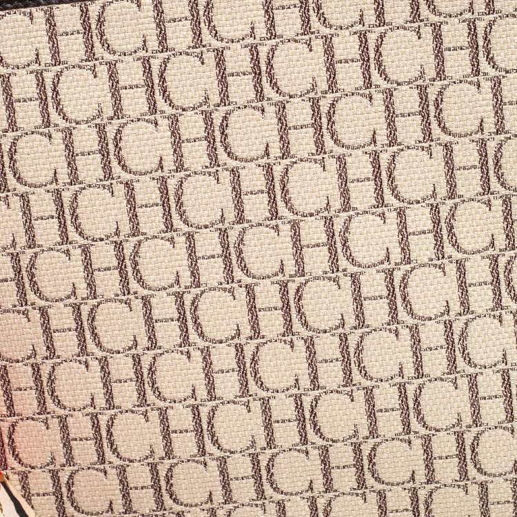 Pre Owned Carolina Herrera Ivory/Brown Monogram Canvas and Leather Zip Pouch 