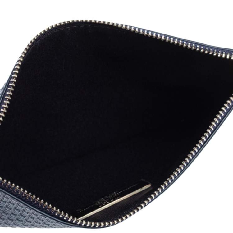 مملوكة مسبقًا Carolina Herrera Metallic Blue Micro Monogram Embossed Leather Wristlet Pouch