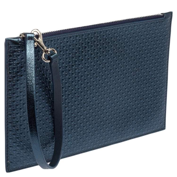 مملوكة مسبقًا Carolina Herrera Metallic Blue Micro Monogram Embossed Leather Wristlet Pouch
