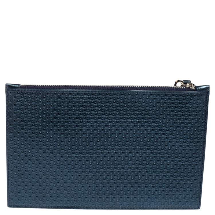 مملوكة مسبقًا Carolina Herrera Metallic Blue Micro Monogram Embossed Leather Wristlet Pouch