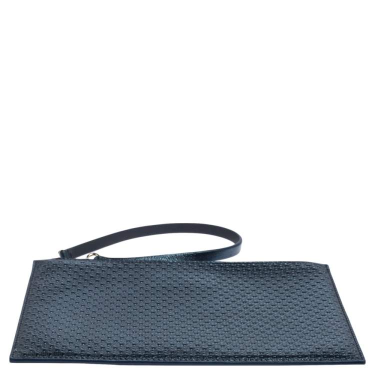 مملوكة مسبقًا Carolina Herrera Metallic Blue Micro Monogram Embossed Leather Wristlet Pouch