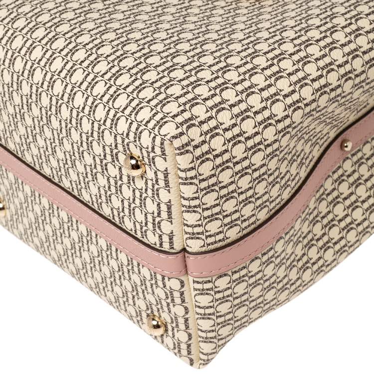 Pre Owned Carolina Herrera Pink/Beige Monogram Coated Canvas and Leather Matryoshka Padlock Tote