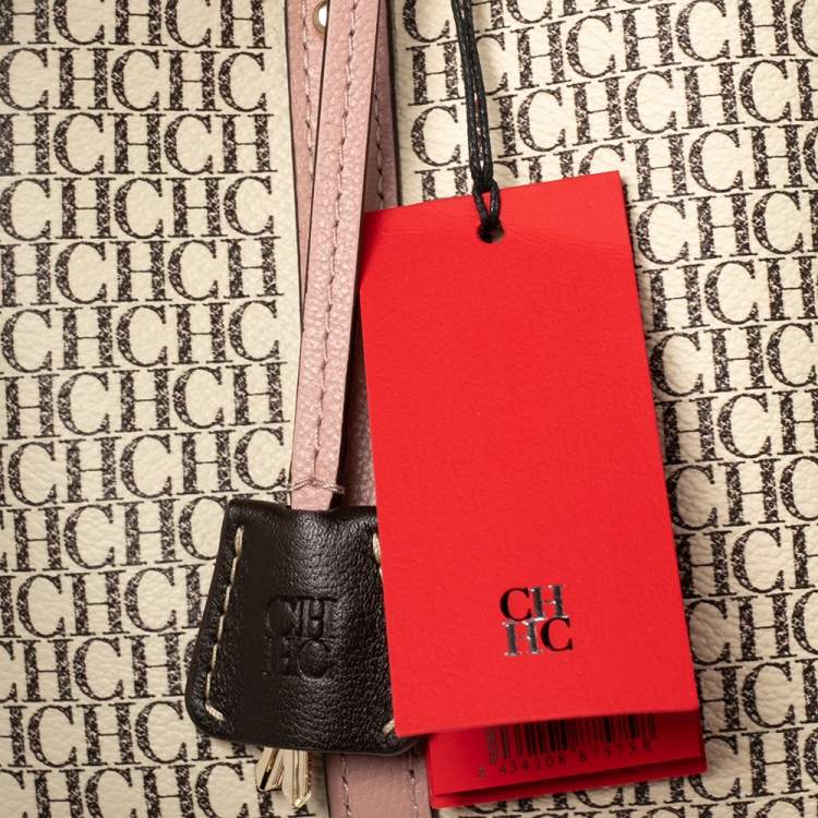 Pre Owned Carolina Herrera Pink/Beige Monogram Coated Canvas and Leather Matryoshka Padlock Tote