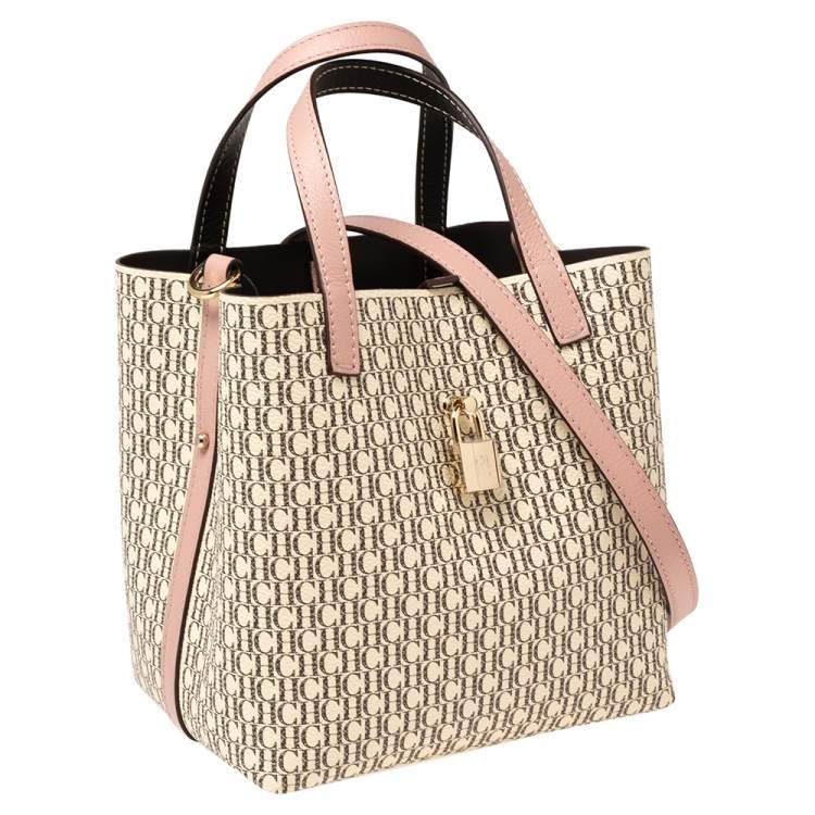 Pre Owned Carolina Herrera Pink/Beige Monogram Coated Canvas and Leather Matryoshka Padlock Tote