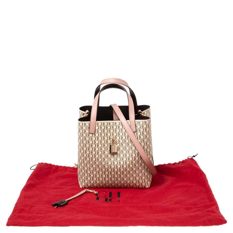 Pre Owned Carolina Herrera Pink/Beige Monogram Coated Canvas and Leather Matryoshka Padlock Tote