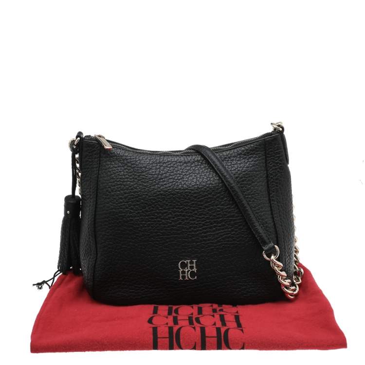 Pre Owned Carolina Herrera Black Leather Chain Tassel Shoulder Bag