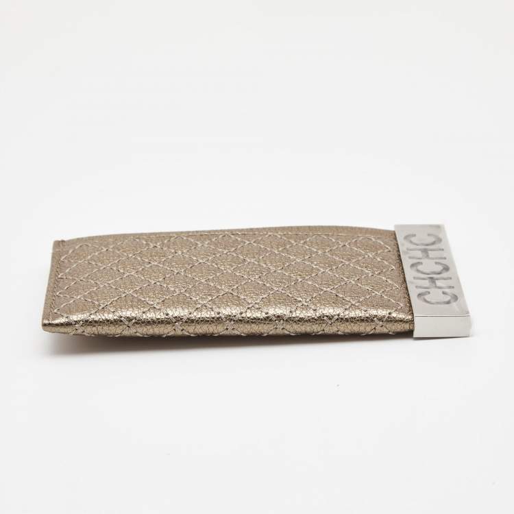 Pre Owned Carolina Herrera Light Gold Quilted Leather Card Holder