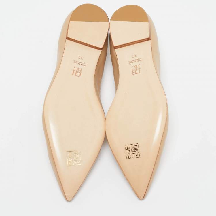 Pre Owned Carolina Herrera Beige Leather Pointed Toe Ballet Flats Size 37