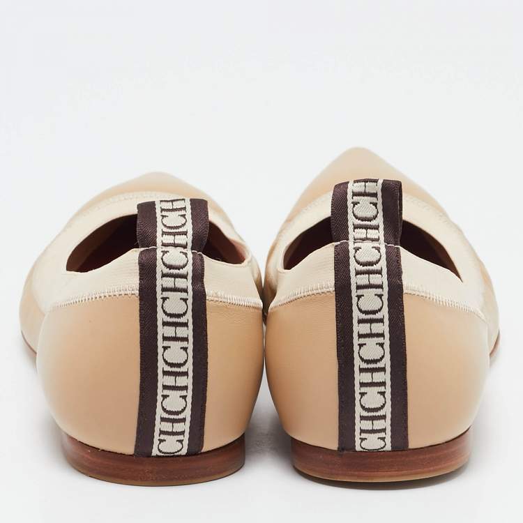 Pre Owned Carolina Herrera Beige Leather Pointed Toe Ballet Flats Size 37