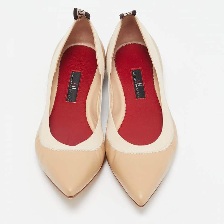 Pre Owned Carolina Herrera Beige Leather Pointed Toe Ballet Flats Size 37