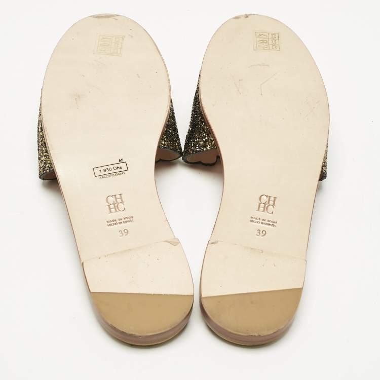Pre Owned Carolina Herrera Gold/Black Leather Initials Insignia Crystals Flat Slides Size 39