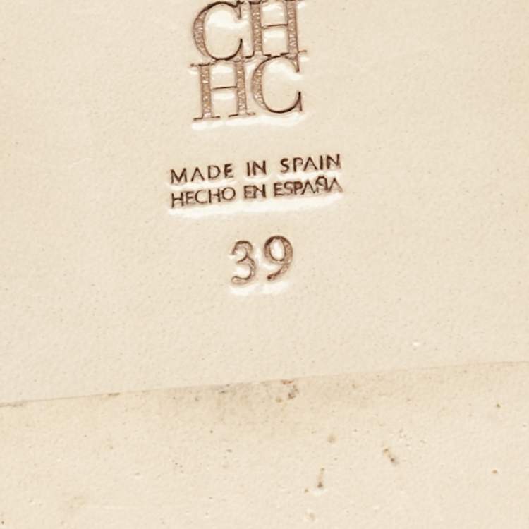 Pre Owned Carolina Herrera Gold/Black Leather Initials Insignia Crystals Flat Slides Size 39