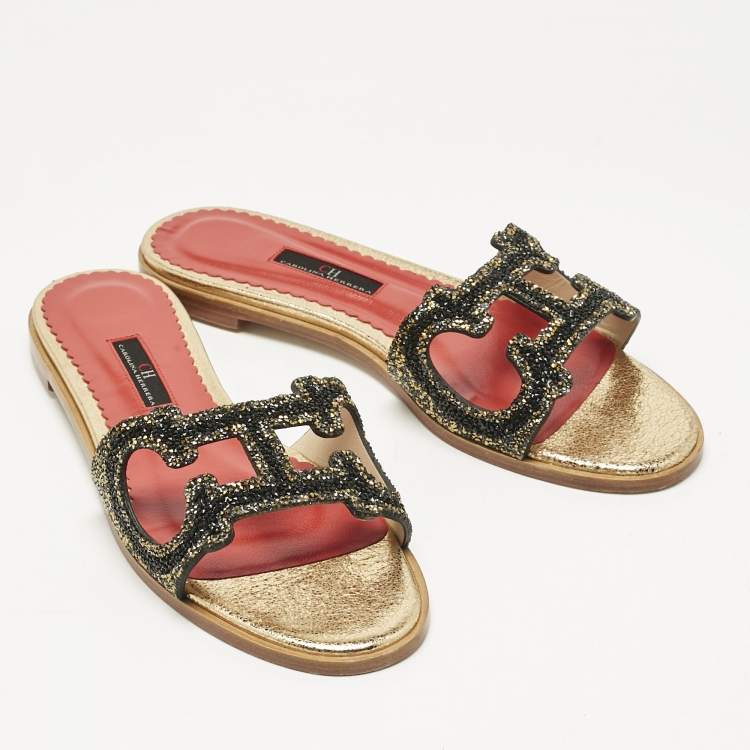 Pre Owned Carolina Herrera Gold/Black Leather Initials Insignia Crystals Flat Slides Size 39