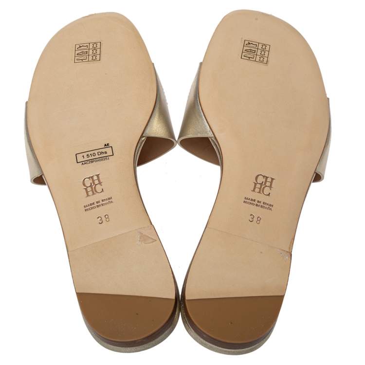 Pre Owned Carolina Herrera Metallic Gold Leather Slide Sandals Size 38