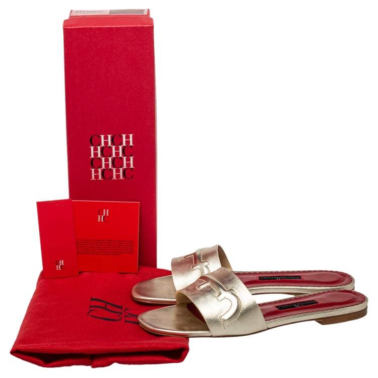 Pre Owned Carolina Herrera Metallic Gold Leather Slide Sandals Size 38