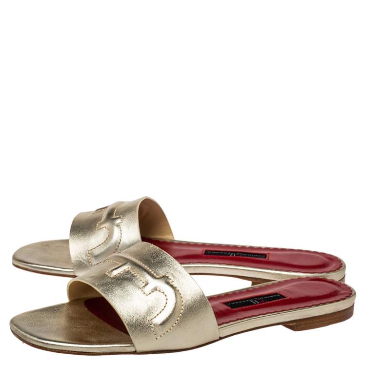 Pre Owned Carolina Herrera Metallic Gold Leather Slide Sandals Size 38