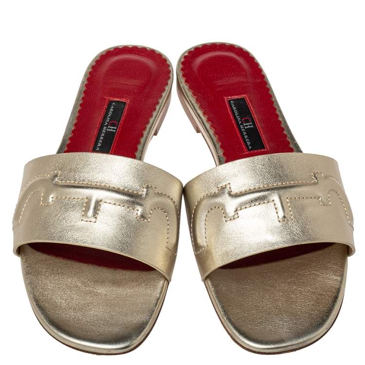 Pre Owned Carolina Herrera Metallic Gold Leather Slide Sandals Size 38