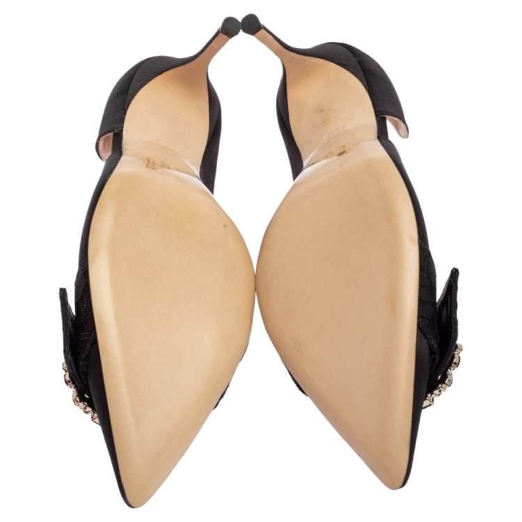 Pre Owned Carolina Herrera Black Satin Crystal Embellished Buckle Pointed Toe Pumps Size 39