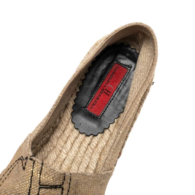 Pre Owned Carolina Herrera Metallic Gold Jute Espadrilles Slip On Loafers Size 39