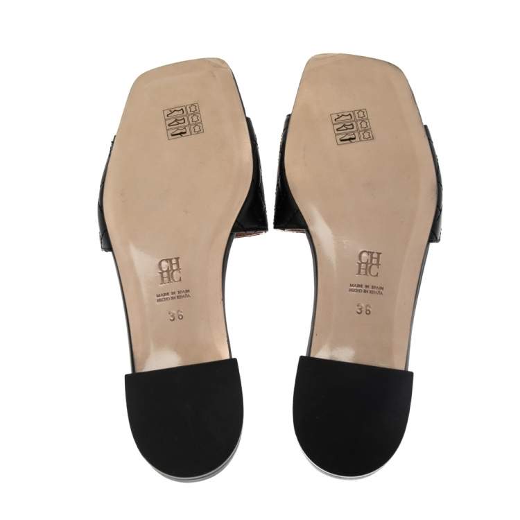 Pre Owned Carolina Herrera Black Initials Quilted Leather Initials 2020 Flats Slides Size 36