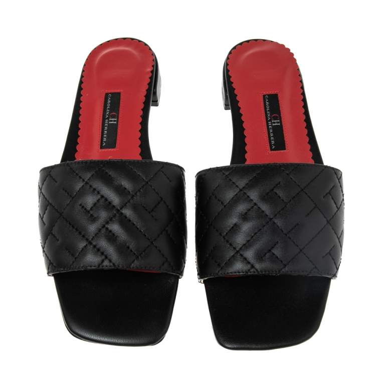 Pre Owned Carolina Herrera Black Initials Quilted Leather Initials 2020 Flats Slides Size 36