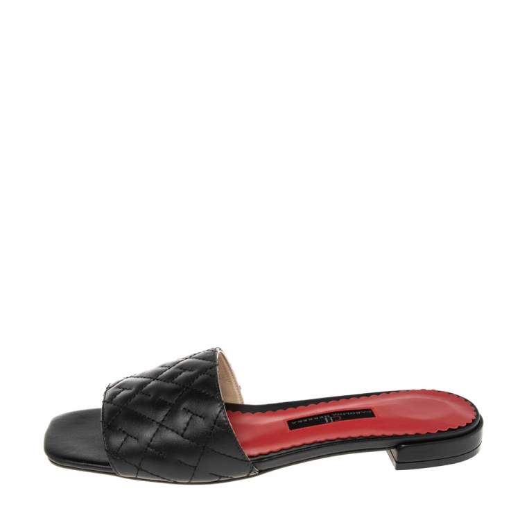 Pre Owned Carolina Herrera Black Initials Quilted Leather Initials 2020 Flats Slides Size 36